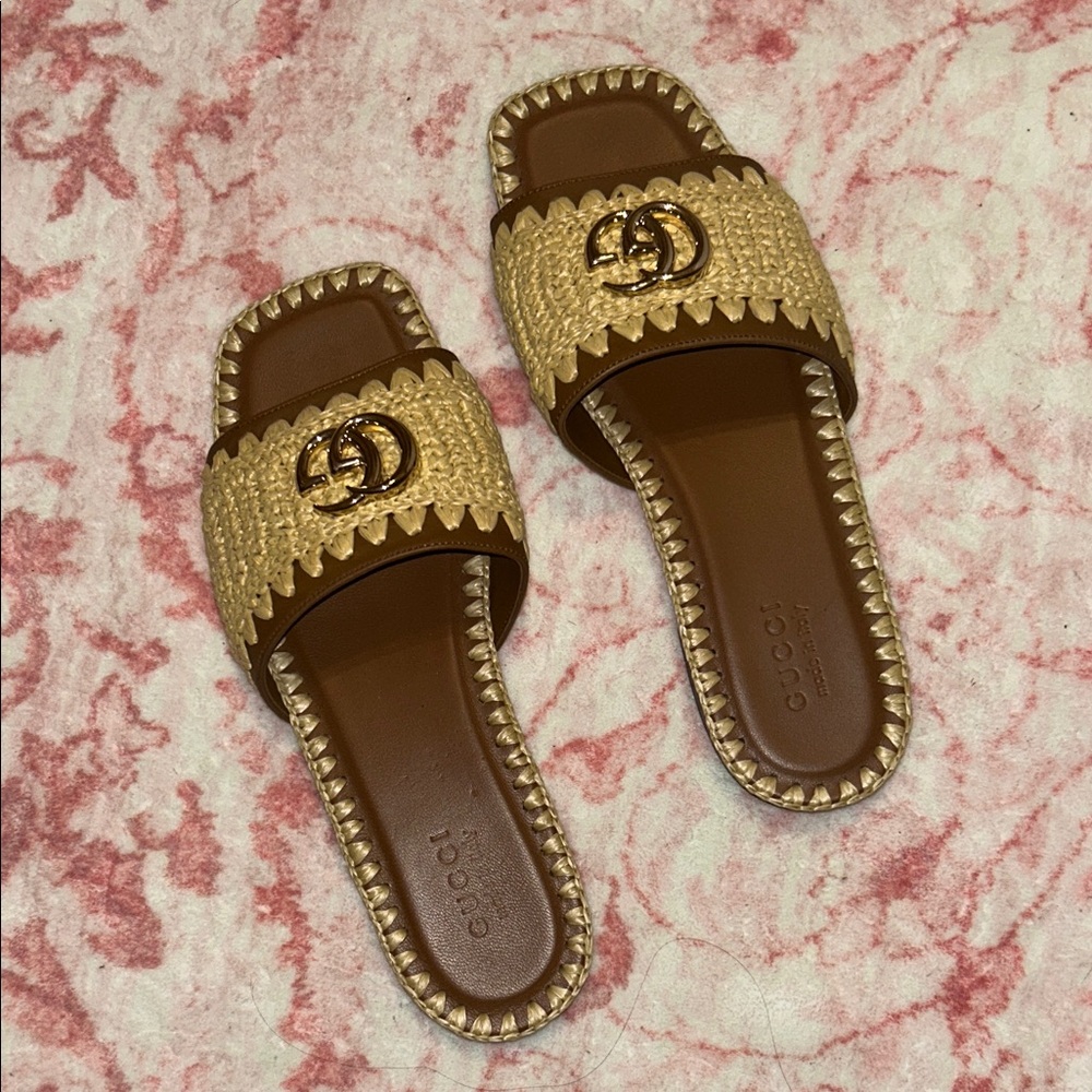 Gucci Brown and Gold Slide Sandals